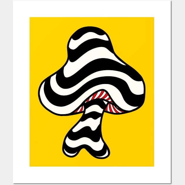 The Perfect Mushroom: Trippy Wavy Black and White Stripes Contour Lines on Yellow with Red Underbelly. Wall Art by Ciara Shortall Art